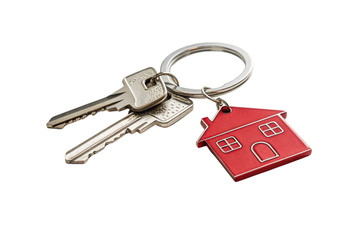 Two silver keys on a ring attached to a red house keychain, emphasizing a modern and minimalist home symbol png