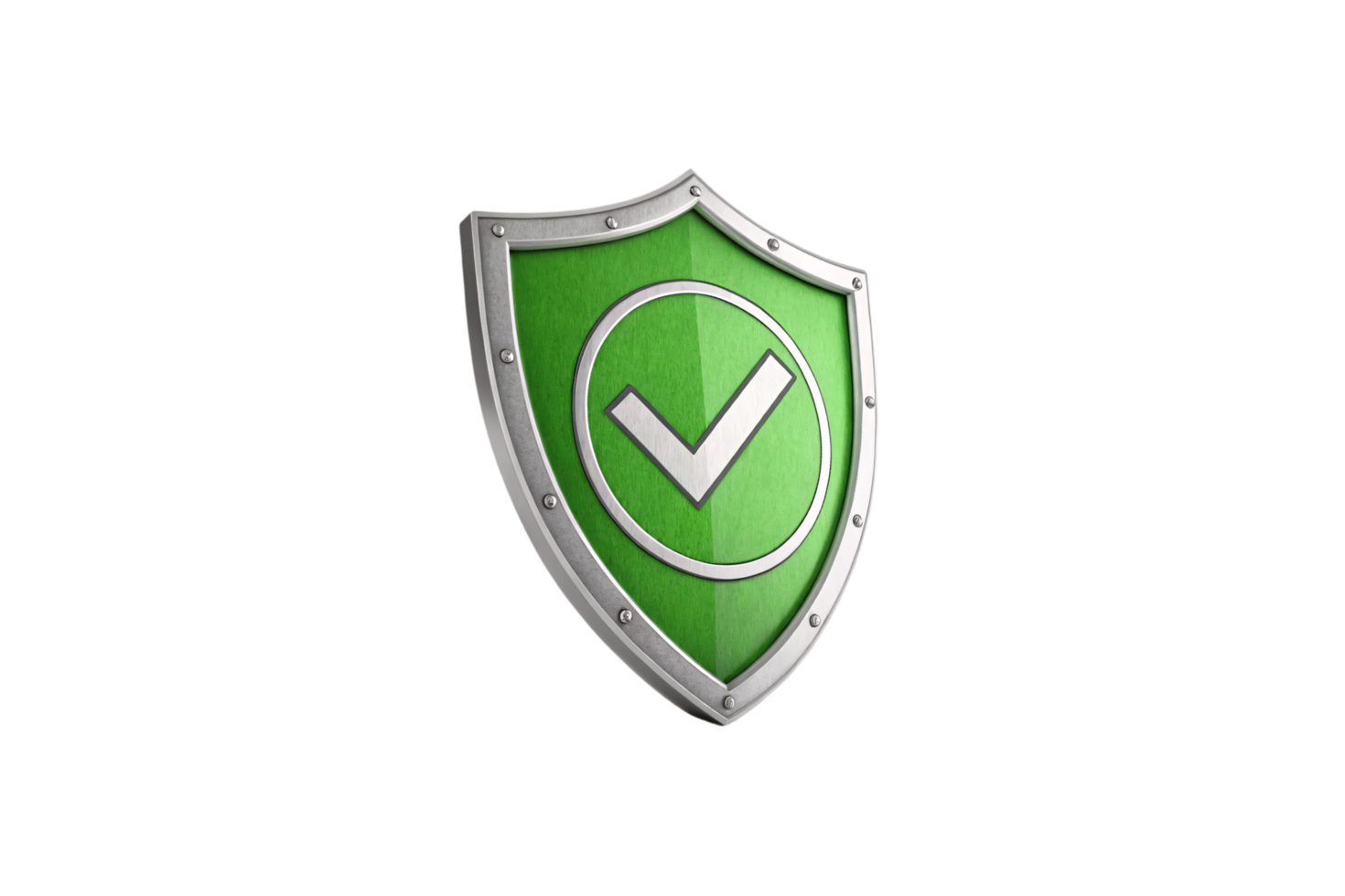 A bright green shield with a silver metallic rim and a centered white checkmark encased in a circle, symbolizing security and approval png