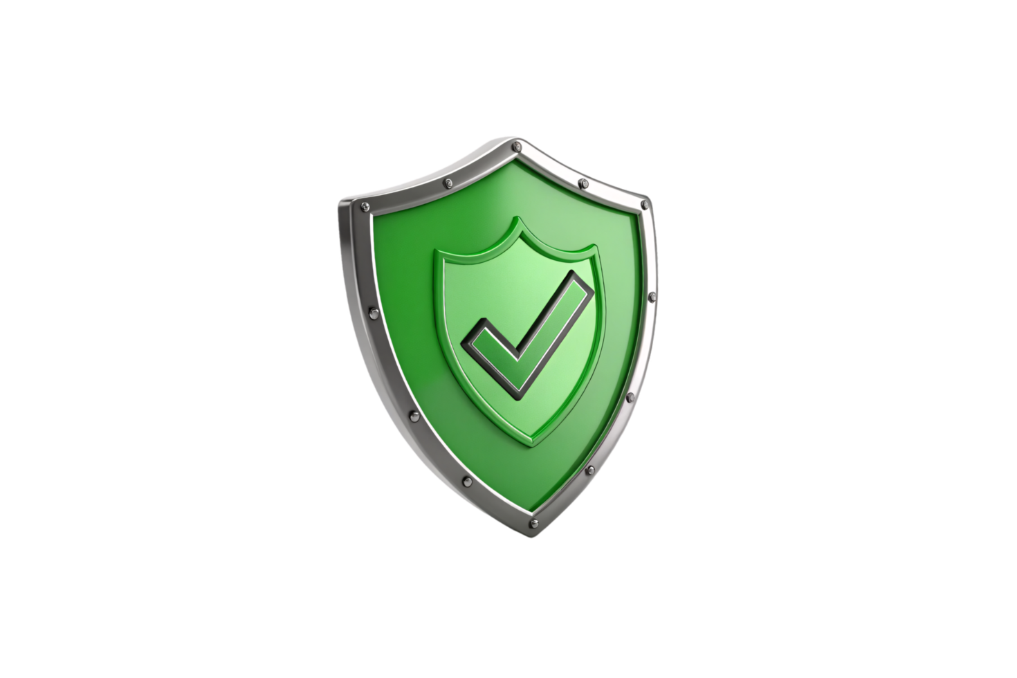 A green shield with a secondary shield outline within it and a bold checkmark, encased in a sturdy metallic frame png