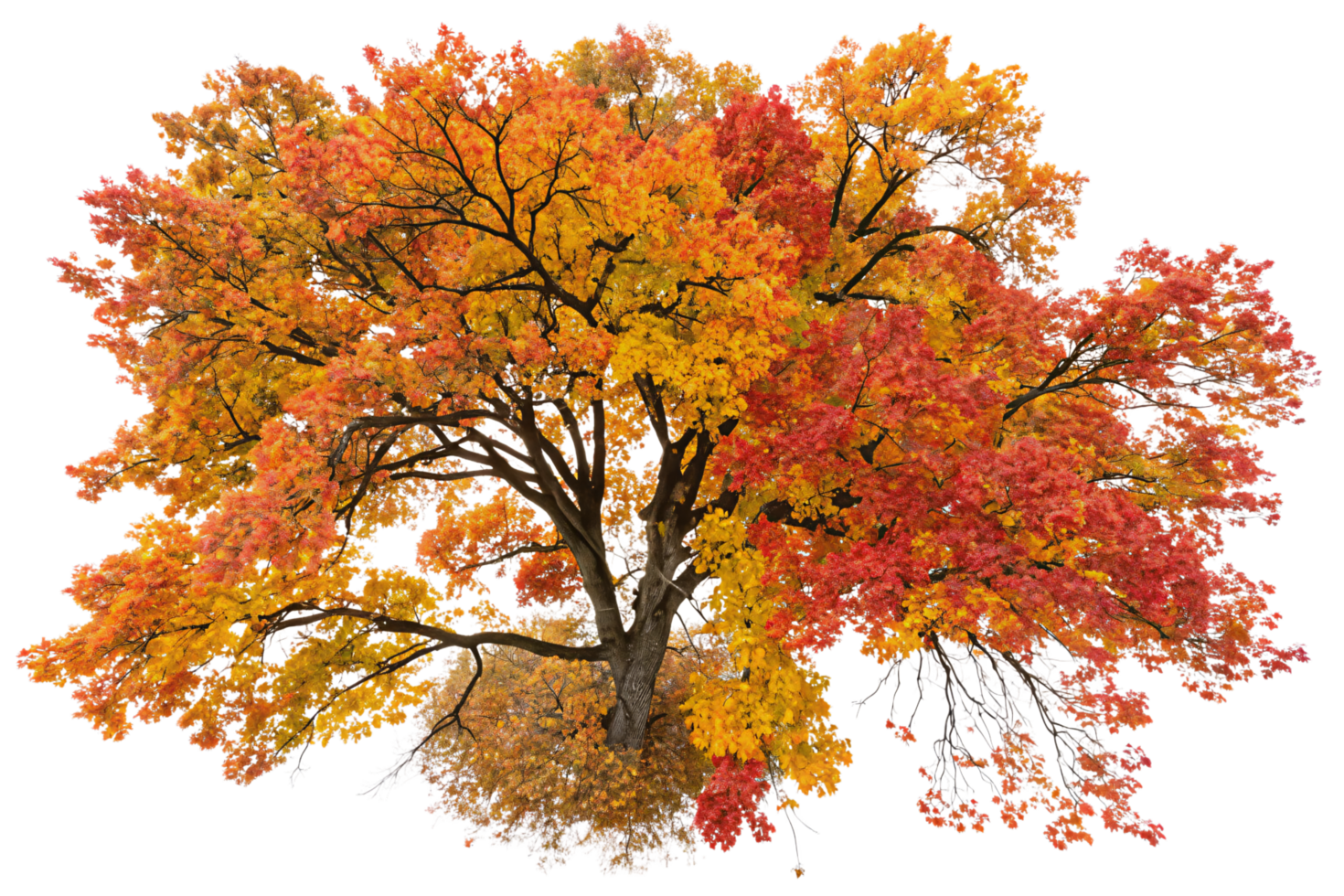 A vibrant tree in autumn, its branches adorned with red, orange, and yellow leaves, symbolizing seasonal transformation png
