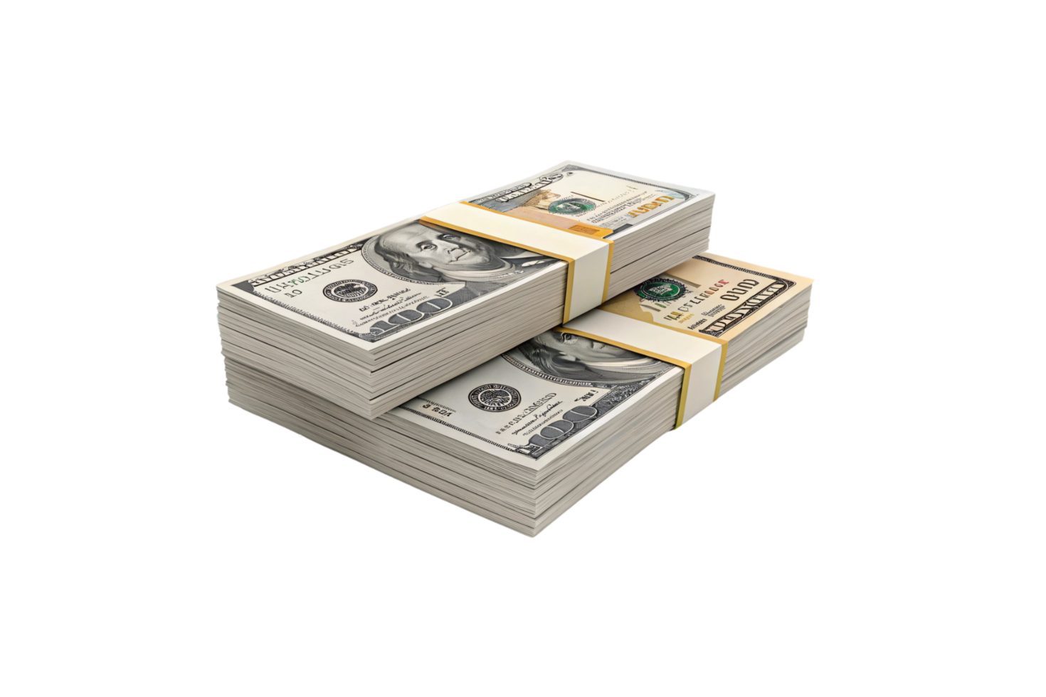 Stacks of 100 bills bound by yellow bands, arranged neatly, symbolizing wealth and financial prosperity, with a minimalist black background emphasizing the focus png