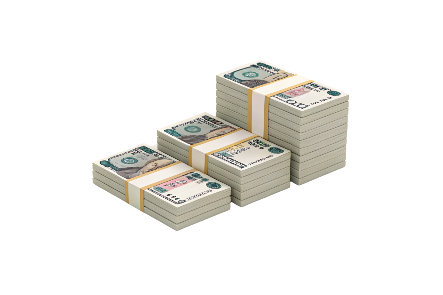 Three piles of bills in varying heights, bound by yellow straps, symbolizing growth in financial resources or investments with a professional tone png