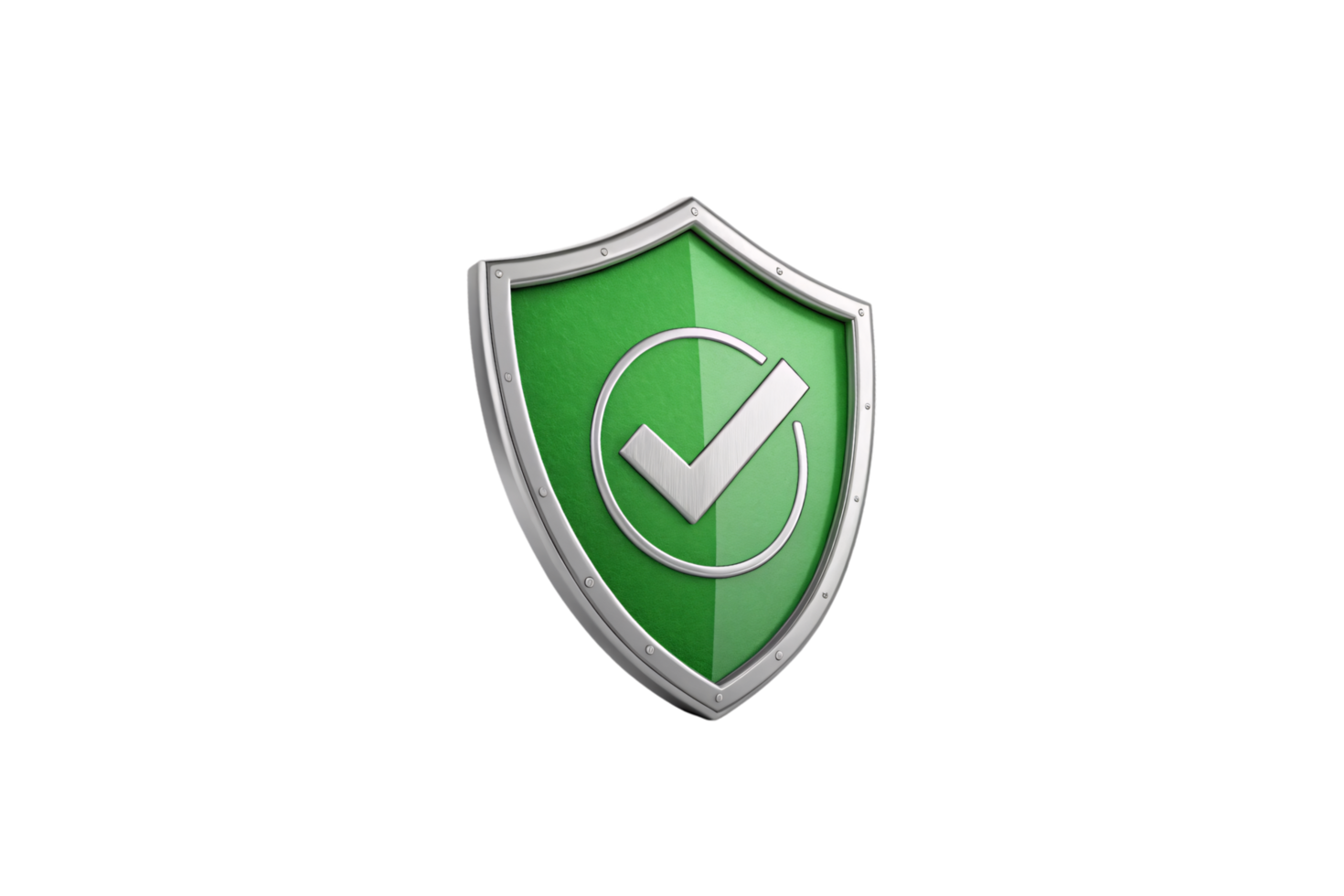 A vibrant green shield with a bold silver metallic edge and a white checkmark, representing robust security png