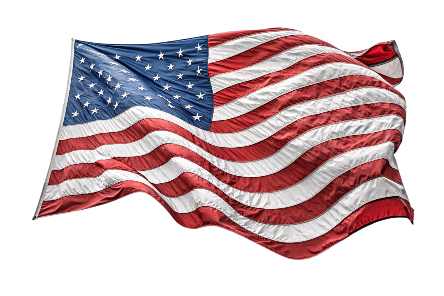A vibrant U.S. flag, gracefully waving, showcasing bold red and white stripes and a field of white stars on deep blue png
