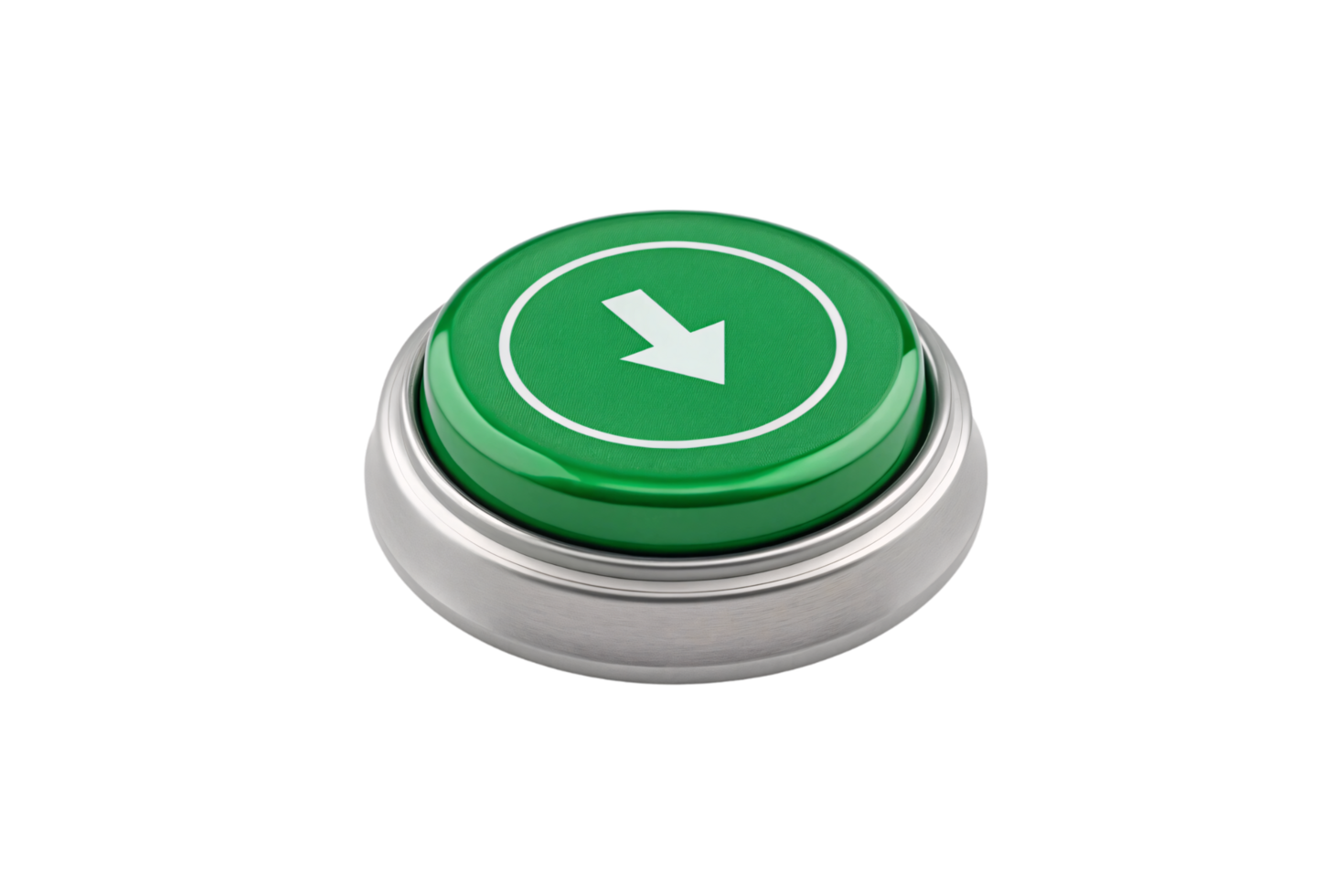 A green circular button with a white downward arrow, bordered by a metallic edge, representing downloading, confirmation, or actionable interaction png
