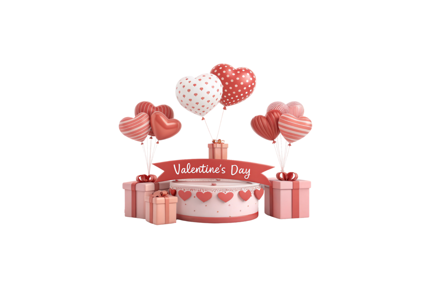 A festive setup with a heart-themed cake, balloons, gifts, and a Valentine's Day banner. Celebrates love with charming pink and red accents png