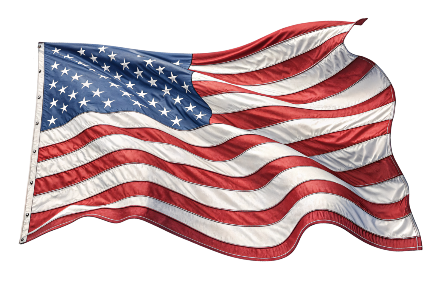A slightly different angle of the American flag, highlighting its rippling motion with intricate stitching details in the fabric png