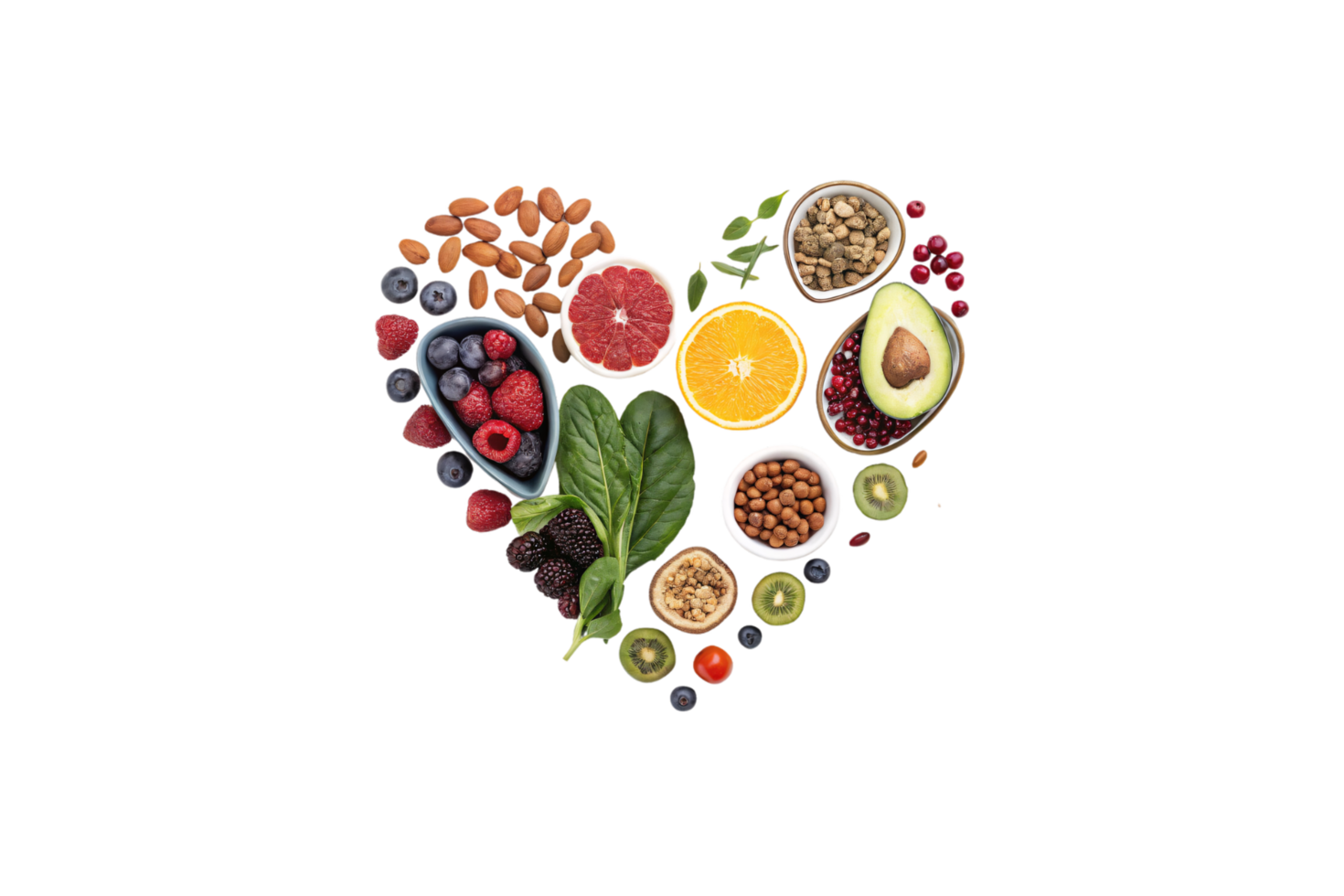 A heart-shaped collage of fresh foods, including berries, citrus, and seeds. A visual harmony of health and sustainability png