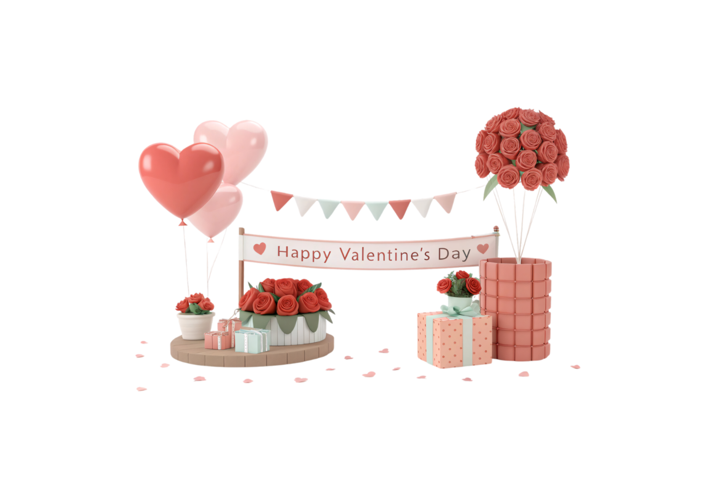 Heart balloons and lush rose bouquets accompany a Happy Valentine Day banner. A serene, romantic display of affection and appreciation png