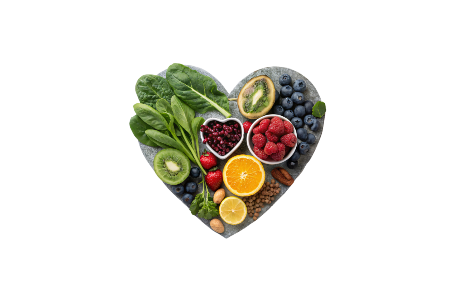 A heart-shaped serving plate featuring greens, berries, and fruits. A vibrant and appetizing visual for nutritious meal inspiration png