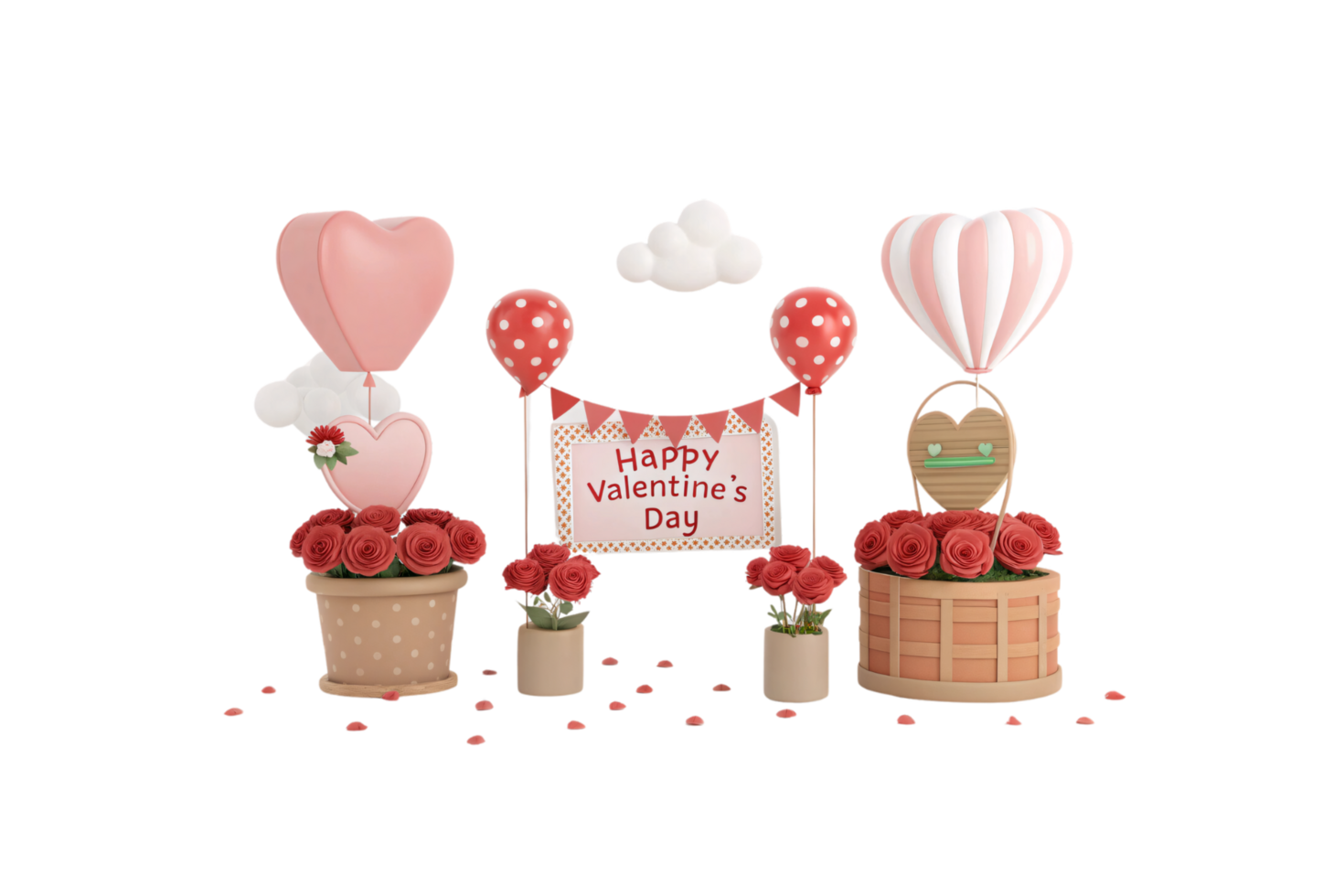 Heart shaped balloons, rose bouquets, and a Happy Valentine Day sign in a dreamy setup. Combines love-themed decor with delicate, elegant details png