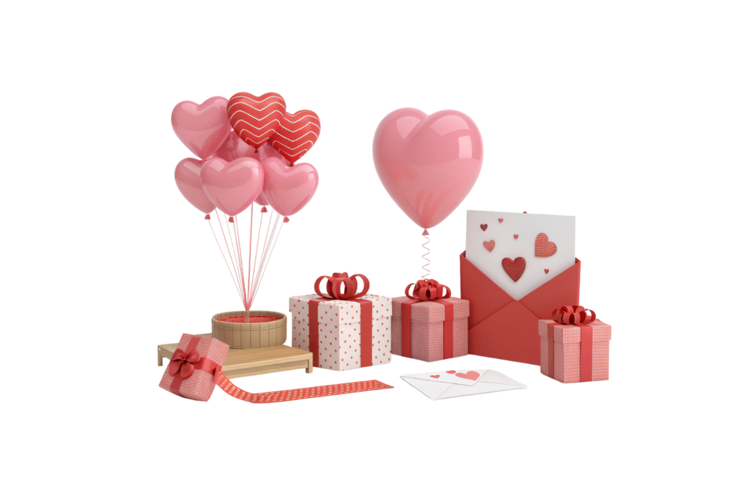 A delightful setup with pink heart-shaped balloons, wrapped gifts, and a love letter. Captures the essence of romantic celebrations and thoughtful surprises png