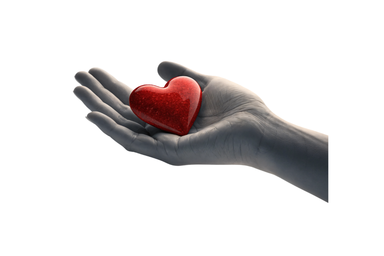 A monochrome hand tenderly holds a gleaming, red 3D heart, blending realism with symbolism, highlighting emotional depth and physical touch png
