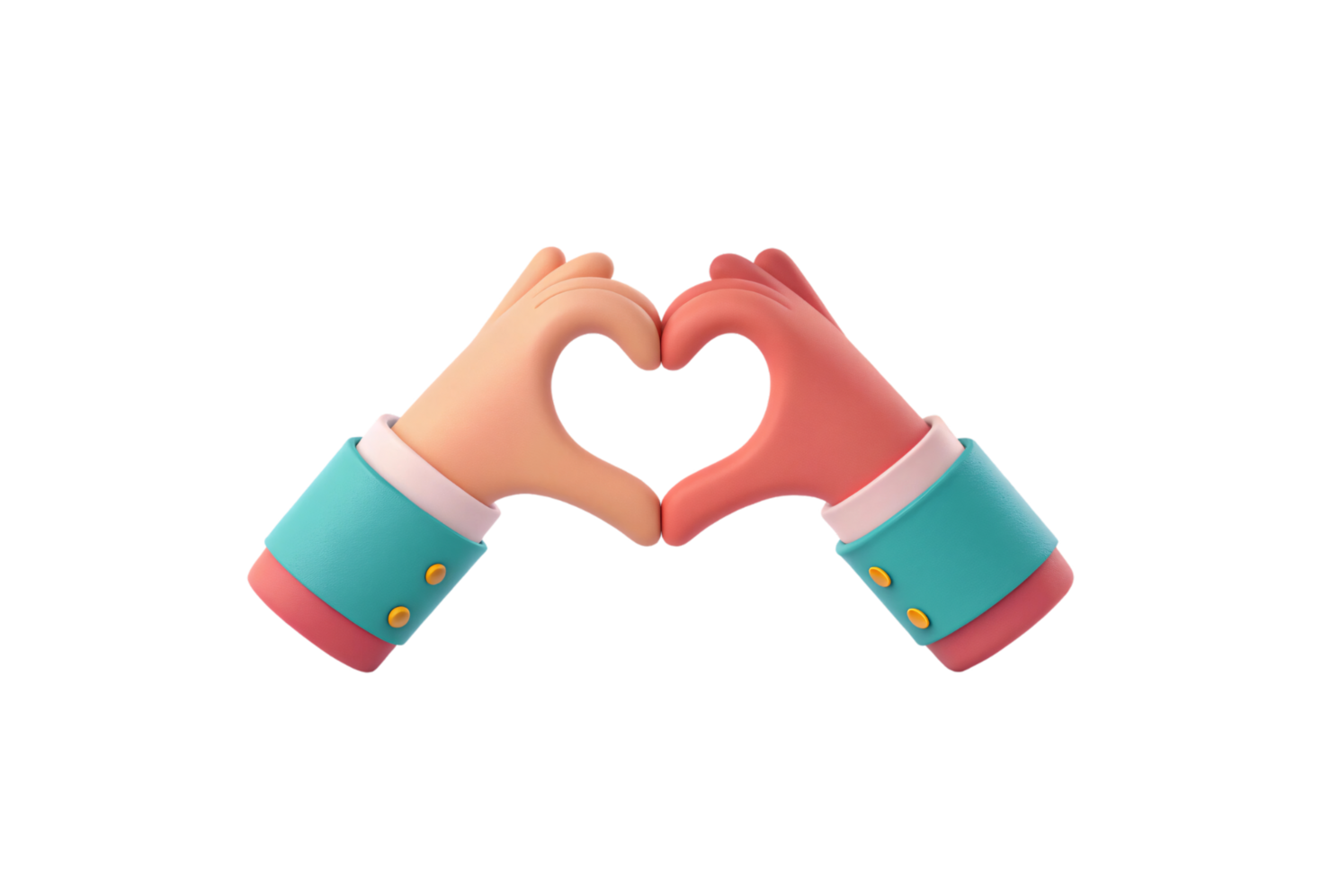Two hands form a heart shape, adorned with cheerful cuffs, symbolizing unity, love, and collaboration in a vibrant, cartoonish depiction png