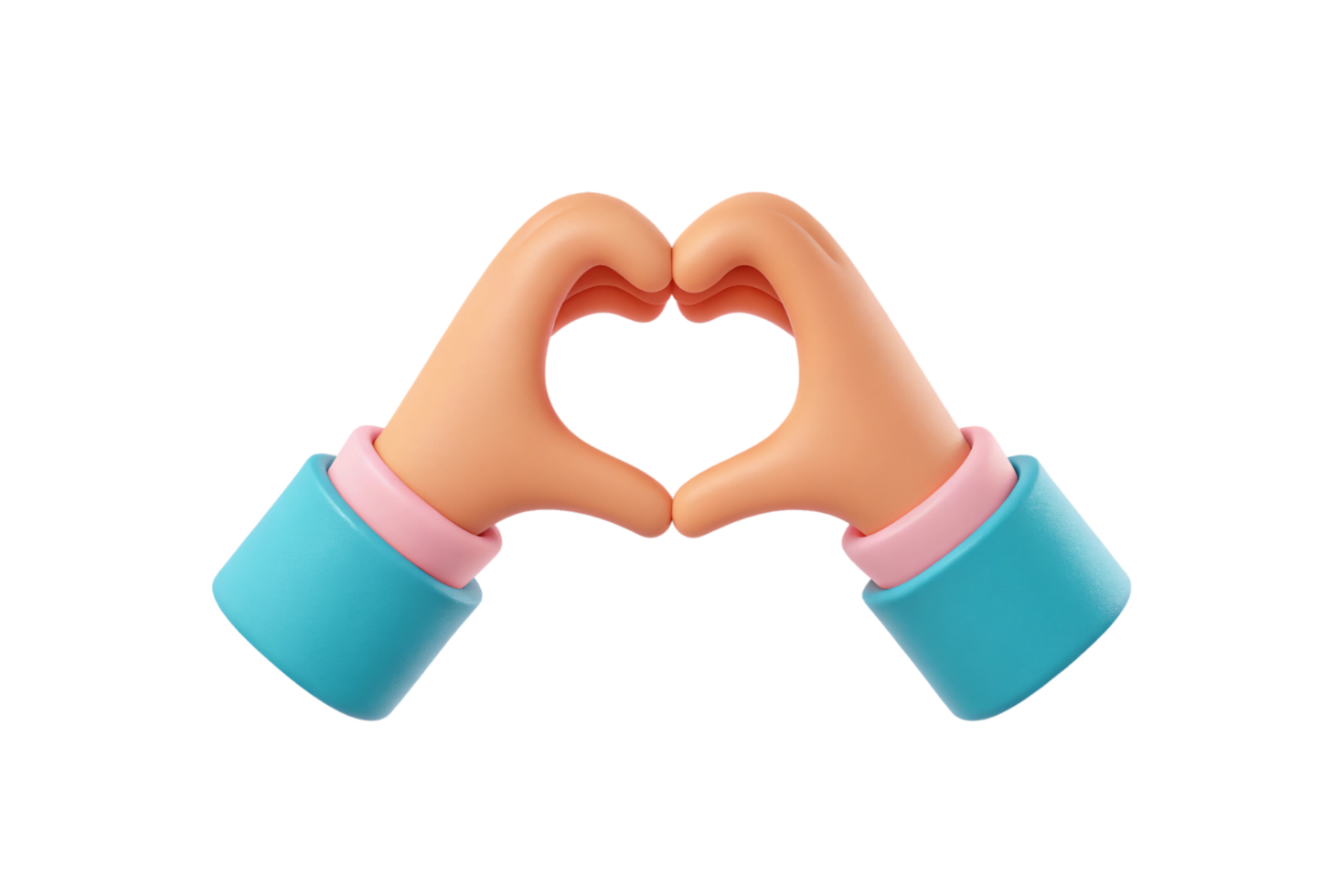 Two 3D cartoon hands in pastel tones create a heart gesture, symbolizing love. The hands wear blue cuffs with pink accents png