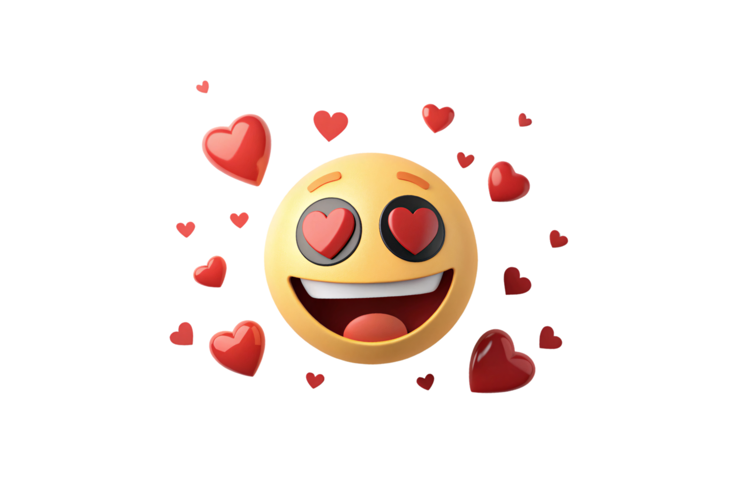 A bright cheerful emoji with heart-shaped eyes, surrounded by floating red hearts, expressing love and excitement on a transparent background png