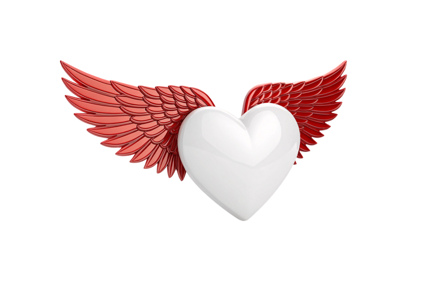 A clean white heart angled slightly, surrounded by vibrant red wings with detailed feather patterns, evoking strength and grace png