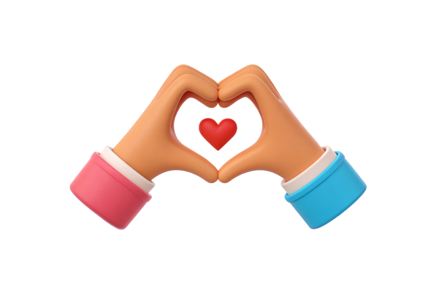 Two colorful hands form a heart gesture around a bright red heart, showcasing unity, teamwork, and emotional warmth with a modern aesthetic png