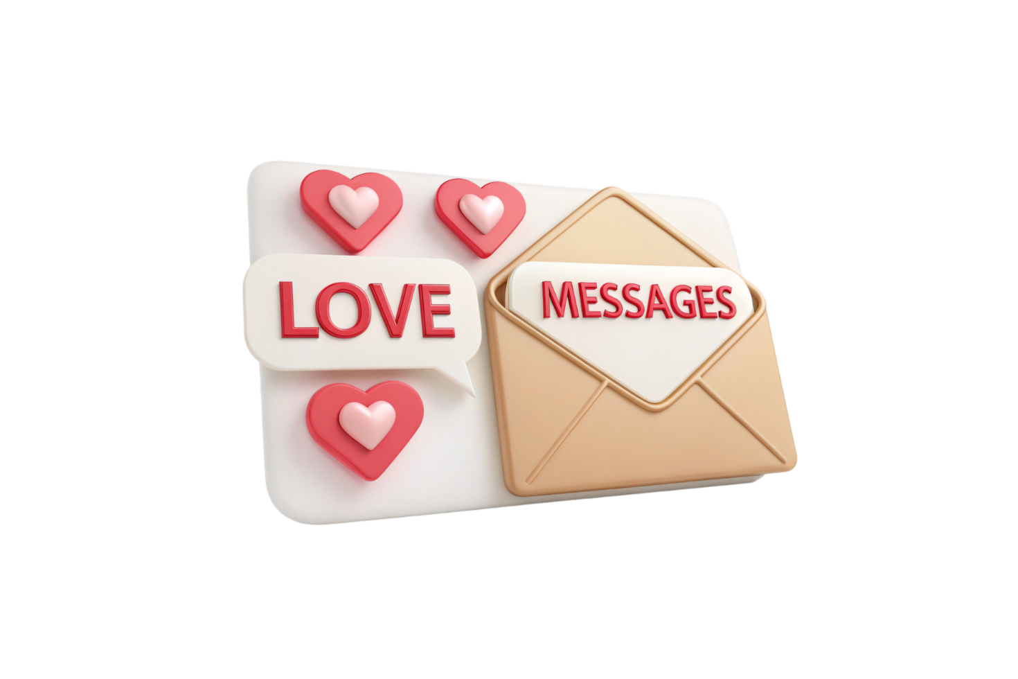 3D graphic combining a speech bubble reading Love, an envelope labeled Messages, and floating red hearts for Valentine themes png