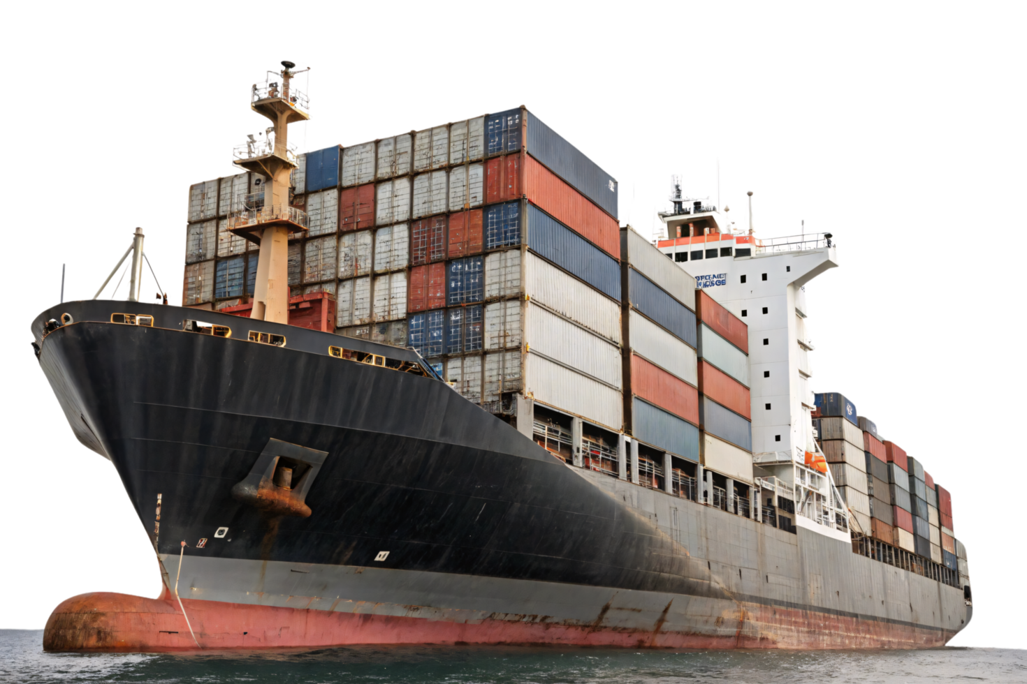 Close-up of a weathered cargo ship's bow, loaded with rusted, multicolored shipping containers, highlighting industrial strength and endurance png