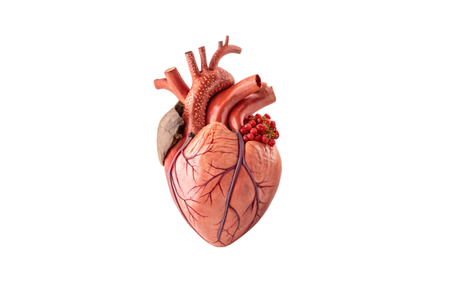 A heart sculpture with organic textures, featuring red berries and leaves integrated into its design, symbolizing life and nourishment png