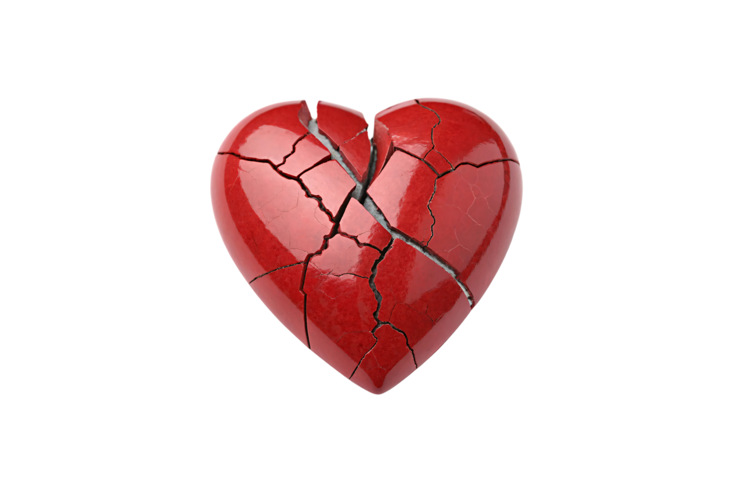 A glossy red heart with sharp, distinct cracks creating a fragmented appearance, highlighting themes of heartbreak and vulnerability png