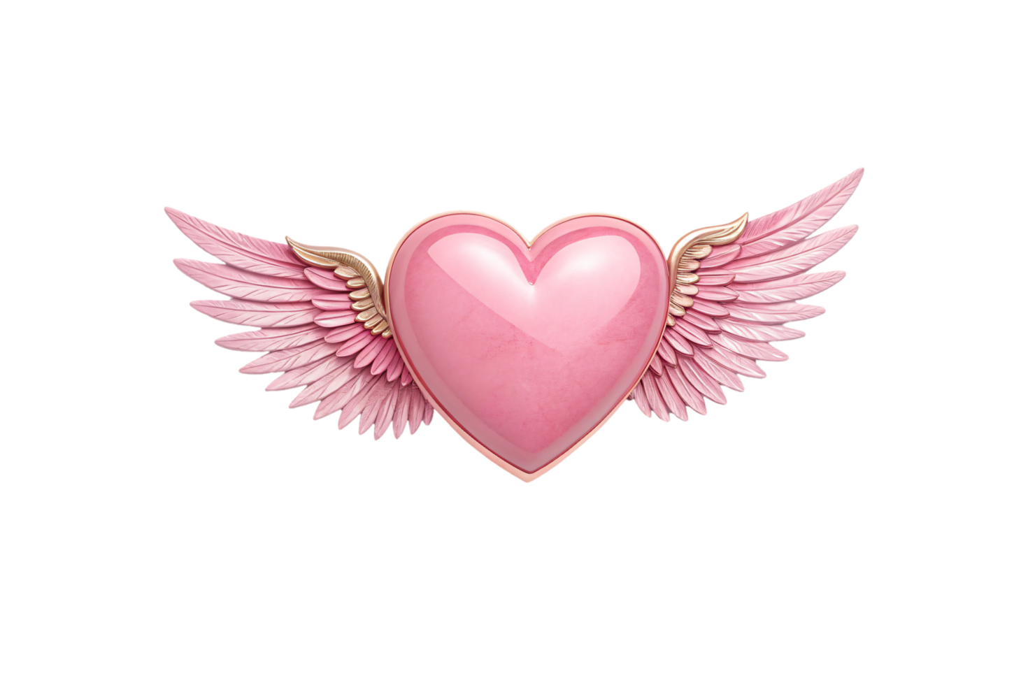 A glossy pink heart flanked by elegant, feathered wings with golden accents, conveying a delicate and ethereal charm png
