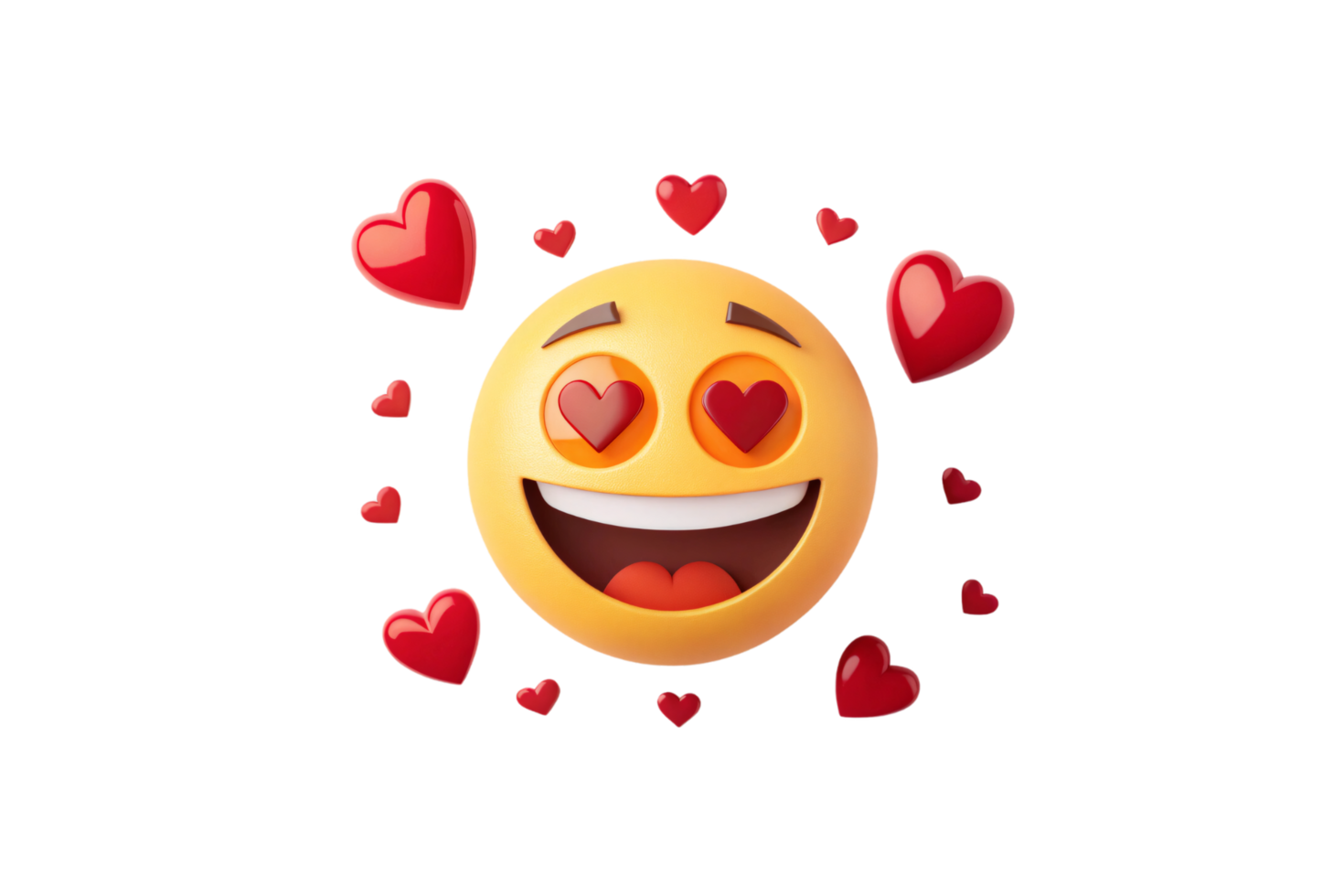 A heart-eye emoji radiating happiness, with bold eyebrows and a wide smile, surrounded by vibrant hearts of varying sizes floating around png