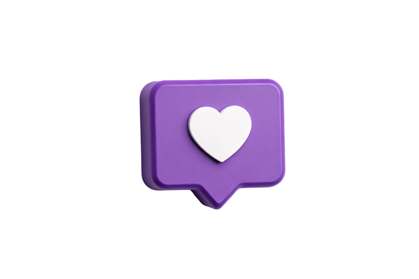 A purple 3D chat bubble with rounded edges and a white heart symbol centered on it, symbolizing love or a like interaction png