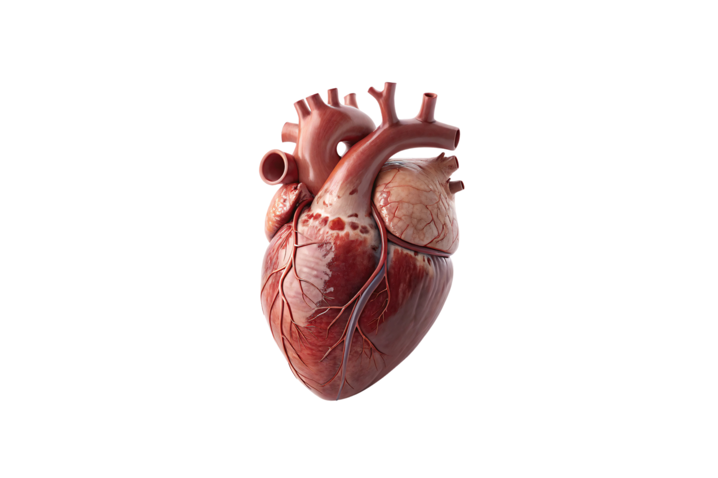Detailed 3D depiction of a human heart, showing veins, arteries, and surface textures for medical or educational purposes png
