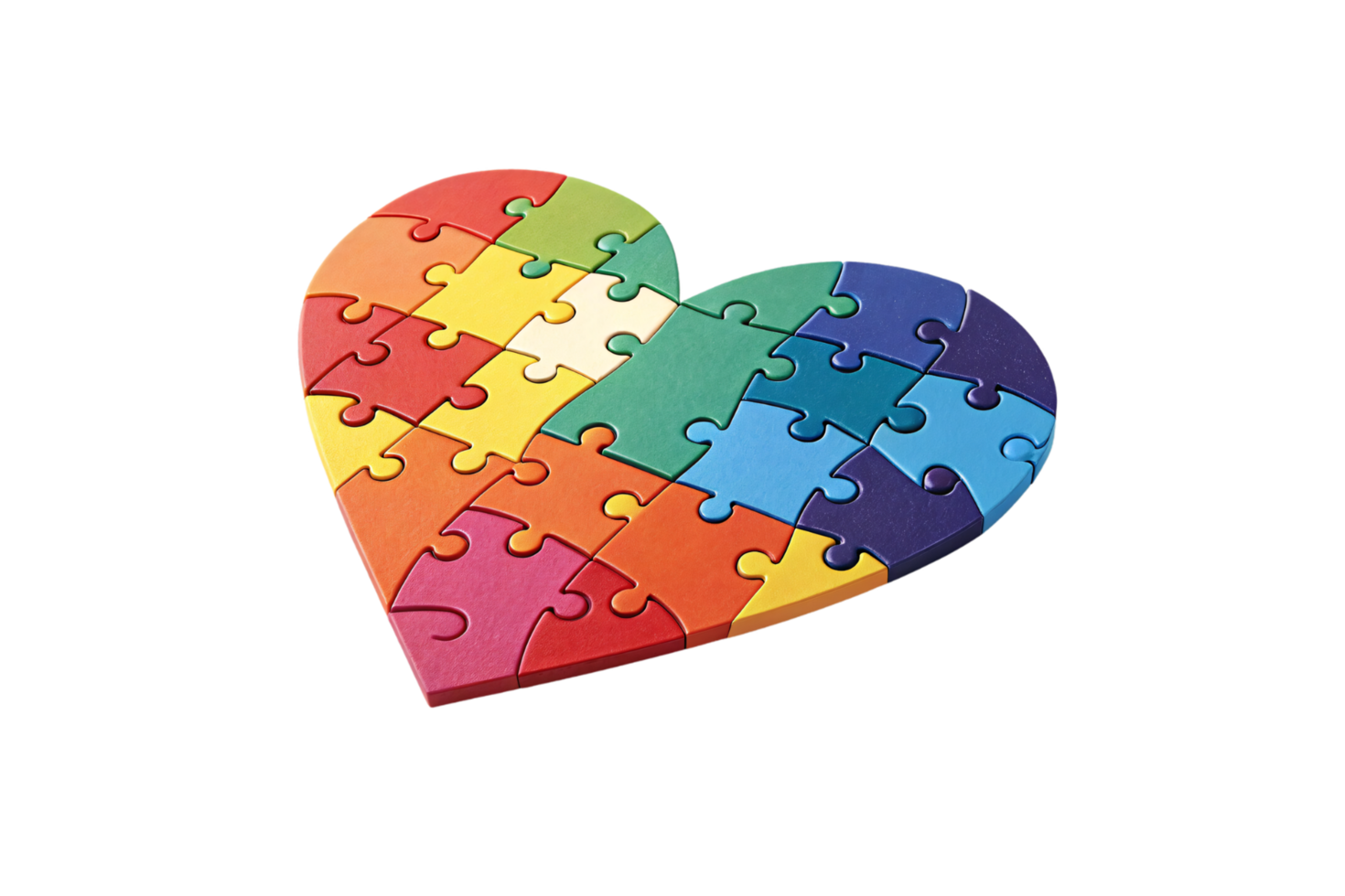 A heart shape made of brightly colored interlocking puzzle pieces symbolizing unity, diversity, and connection png