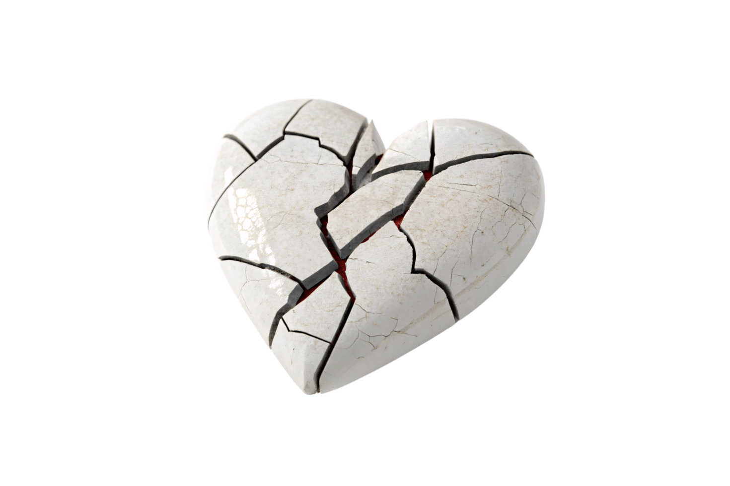 A white cracked heart with deep fissures exposing a faint red core, symbolizing fragility and hidden emotions beneath the surface png