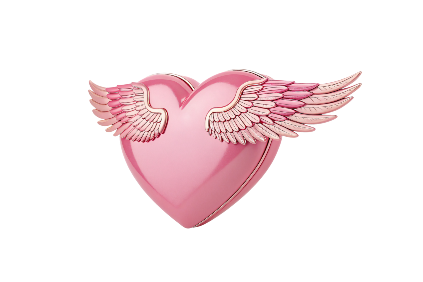 A three-dimensional pink heart with detailed wings, viewed at an angle, emphasizing curves, highlights, and a romantic aesthetic png