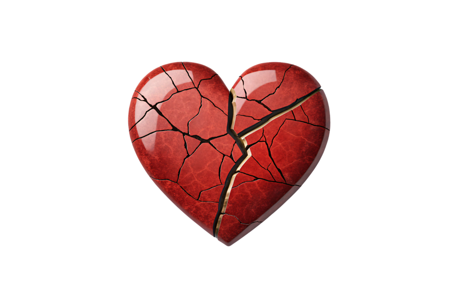 A textured red heart, cracked and fractured with golden veins running through the breaks, suggesting resilience and mended emotions png