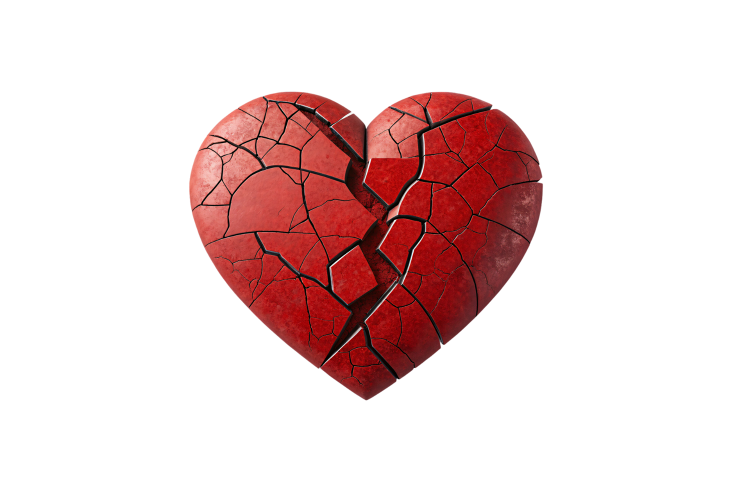 A textured red heart, fragmented with prominent black cracks, evoking feelings of heartbreak, endurance, and transformation png