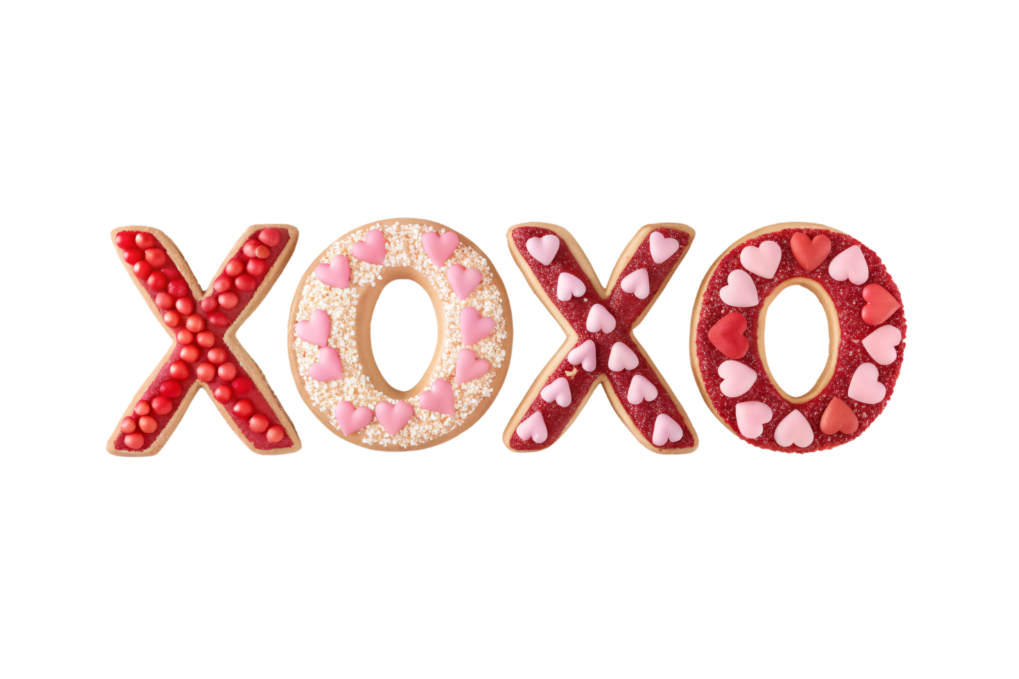 Four colorful cookies spell XOXO, decorated with red and pink hearts, candy sprinkles, and vibrant icing, evoking a sweet Valentine theme png