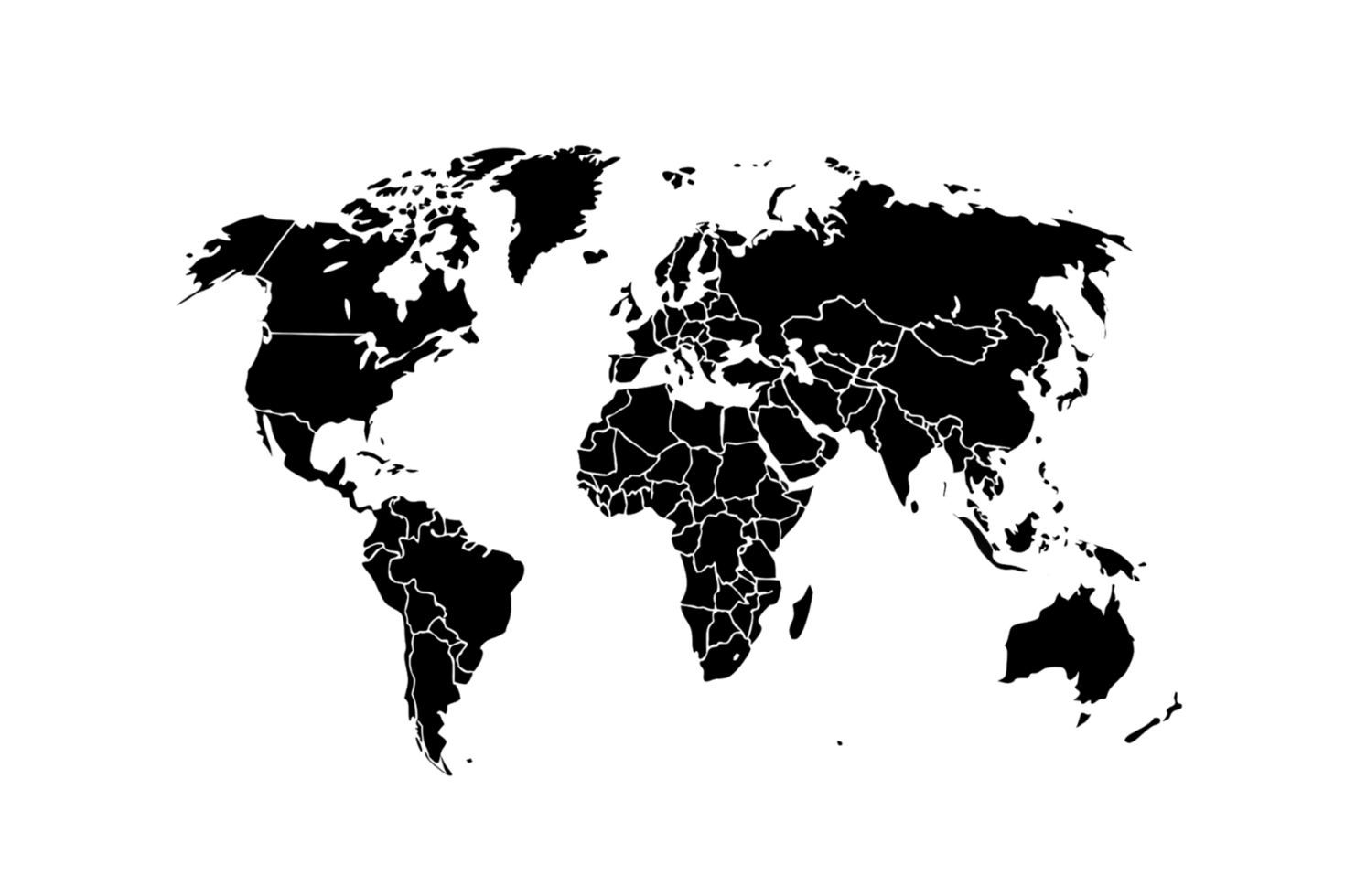 A minimalistic black world map displays clear country borders, offering a stark and modern representation of Earth's geography png