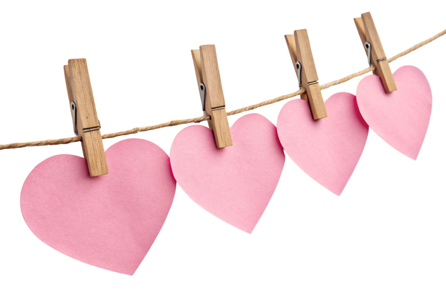 Pink paper hearts clipped onto a twine with wooden clothespins, evoking warmth, handmade creativity, and festive charm png