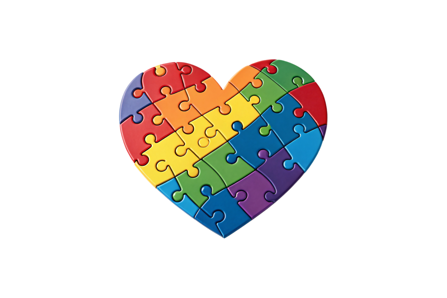 Vibrant puzzle pieces aligned into a perfect heart, showcasing balance, inclusivity, and intricate harmony png