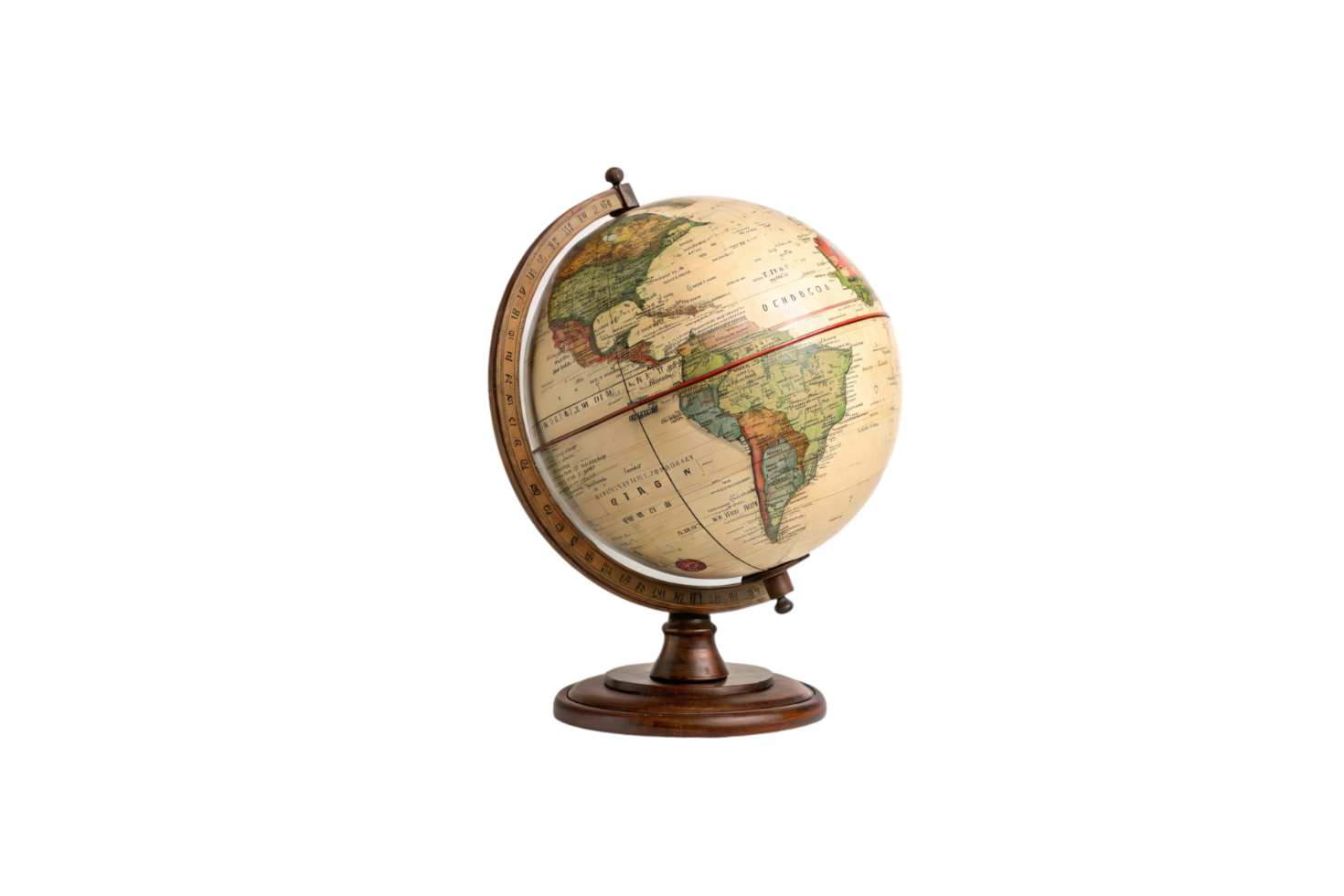 A classic globe features a detailed map of continents with vibrant colors, encased in a brass ring on a polished wooden stand png