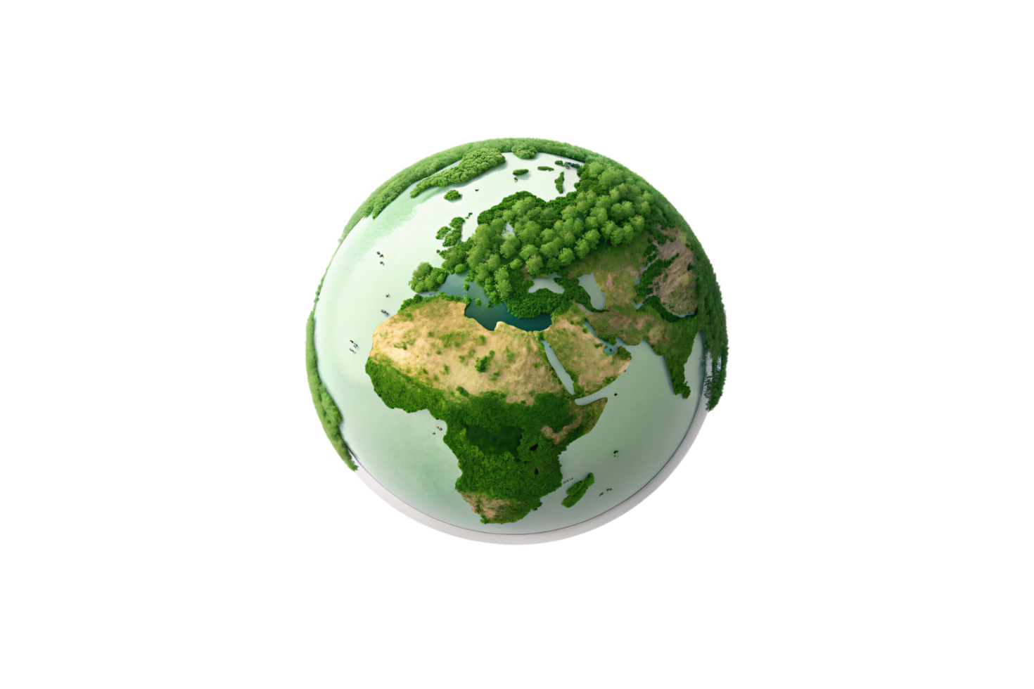 A globe with continents made of dense green foliage and grass, symbolizing environmental restoration and sustainability png