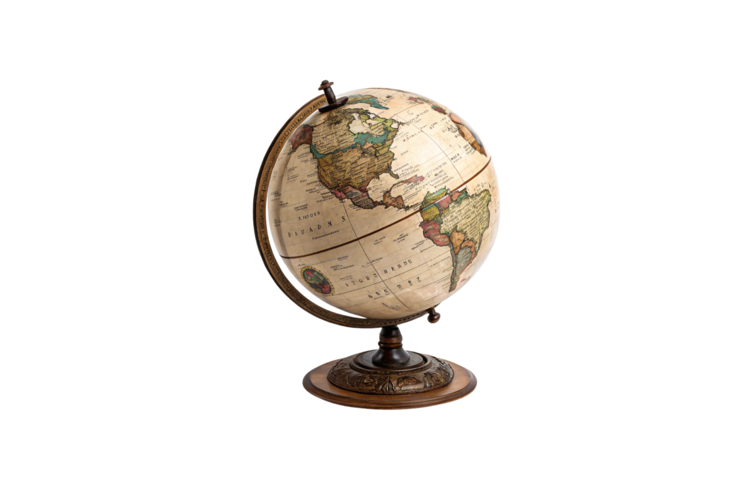 A vintage-style globe with aged maps and intricate details rests on a polished wooden base, evoking exploration and historical charm png