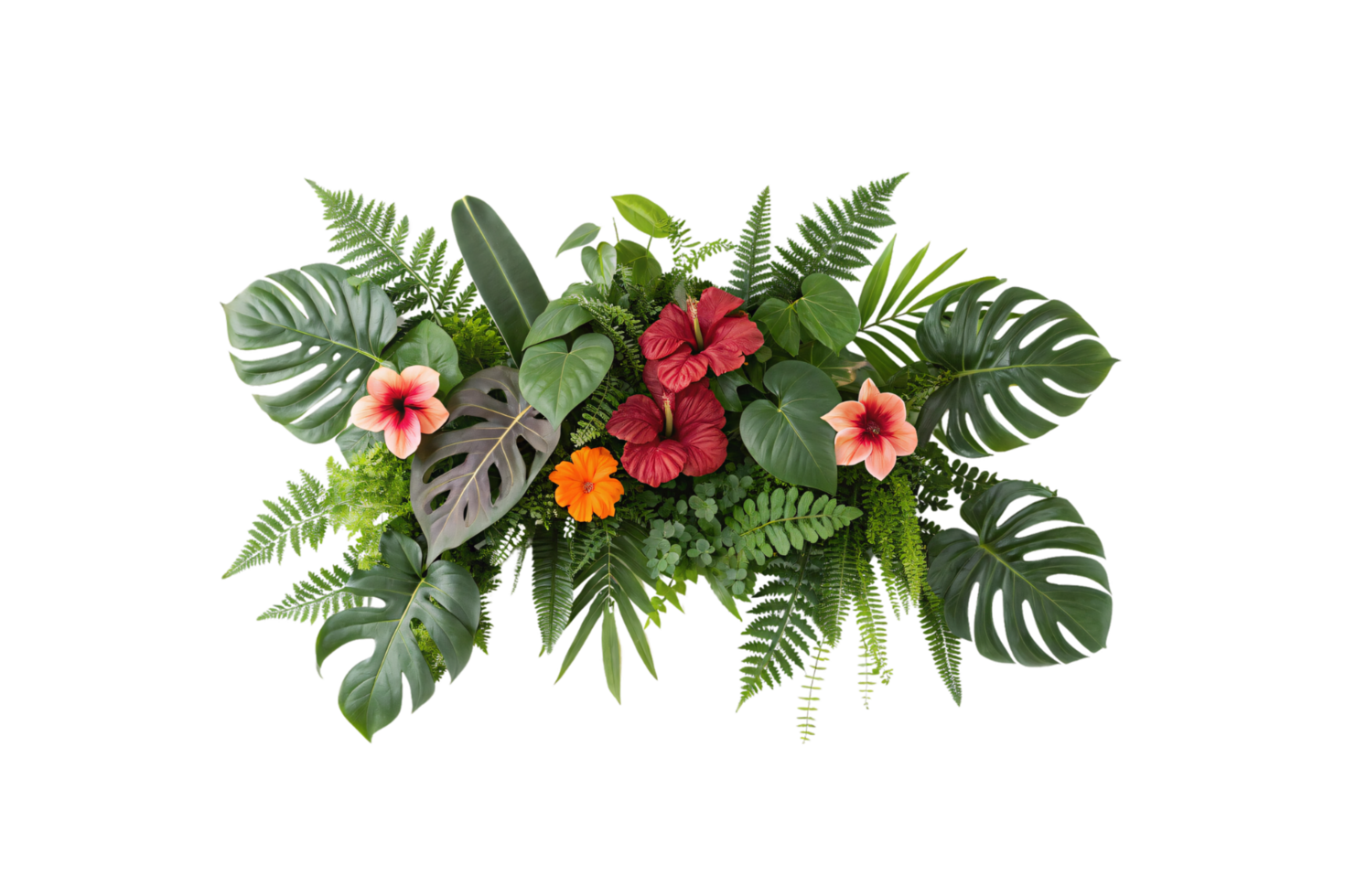 An arrangement of orange, red, and pink hibiscus flowers with lush monstera leaves, symbolizing a rich tropical vibe png