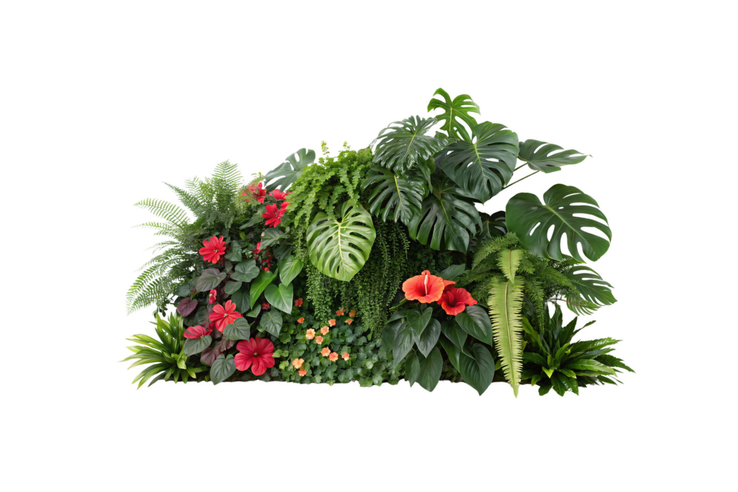 A lively collection of hibiscus, ferns, and monstera leaves forming a lush, colorful arrangement of red and orange blooms png