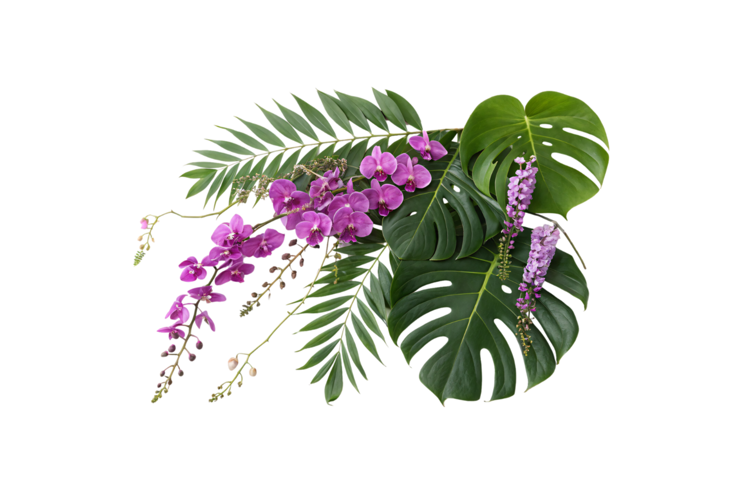 A botanical arrangement combining rich purple blooms and diverse green foliage, portraying tropical beauty png