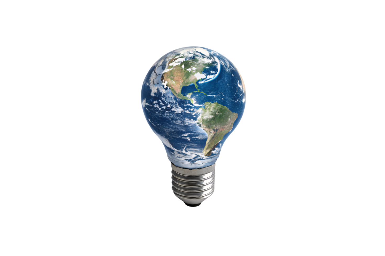 A perspective of the Earth-light bulb, showcasing vibrant continents and clouds, emphasizing the fusion of technology, ecology, and global awareness for a sustainable future png