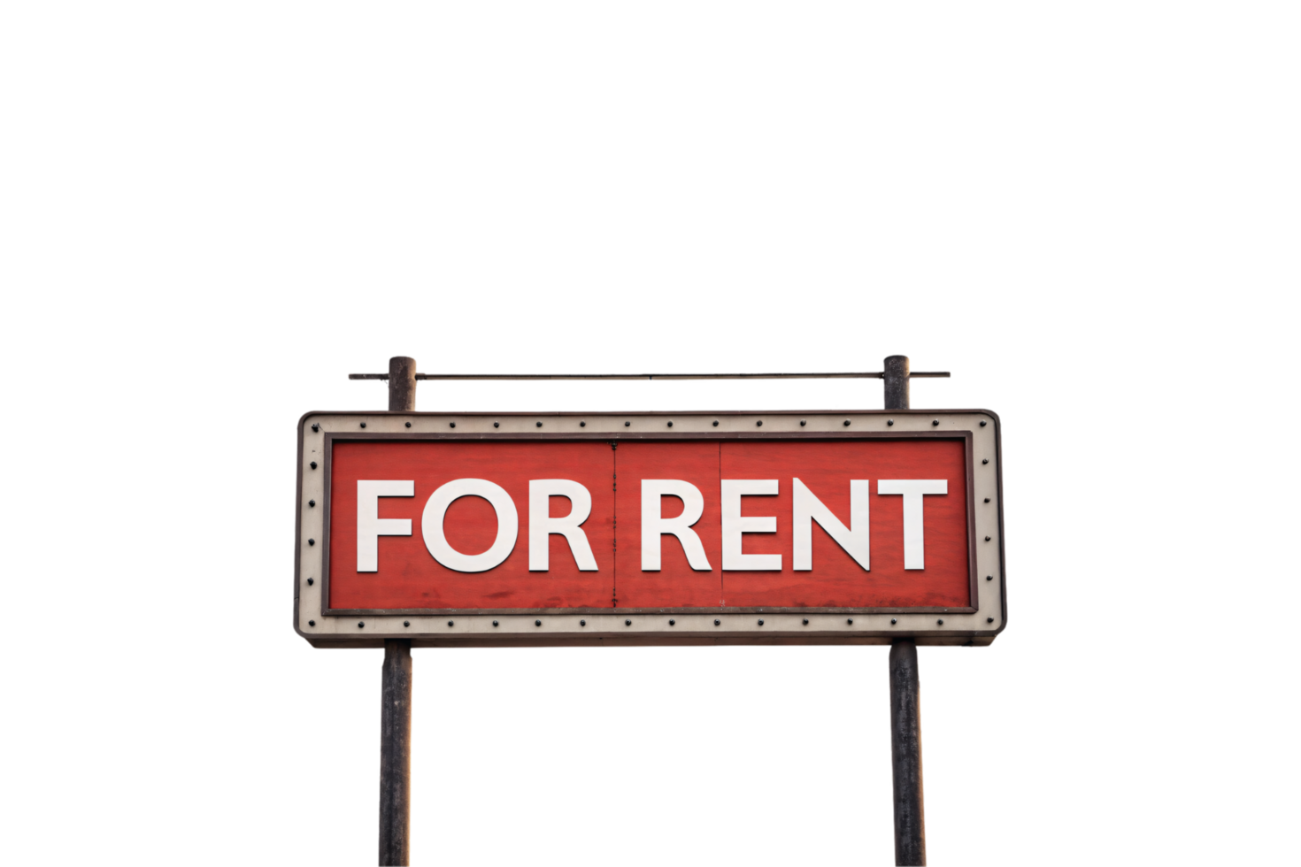 A weathered wooden sign with FOR RENT in white letters on a red background, bordered by rustic metal rivets png