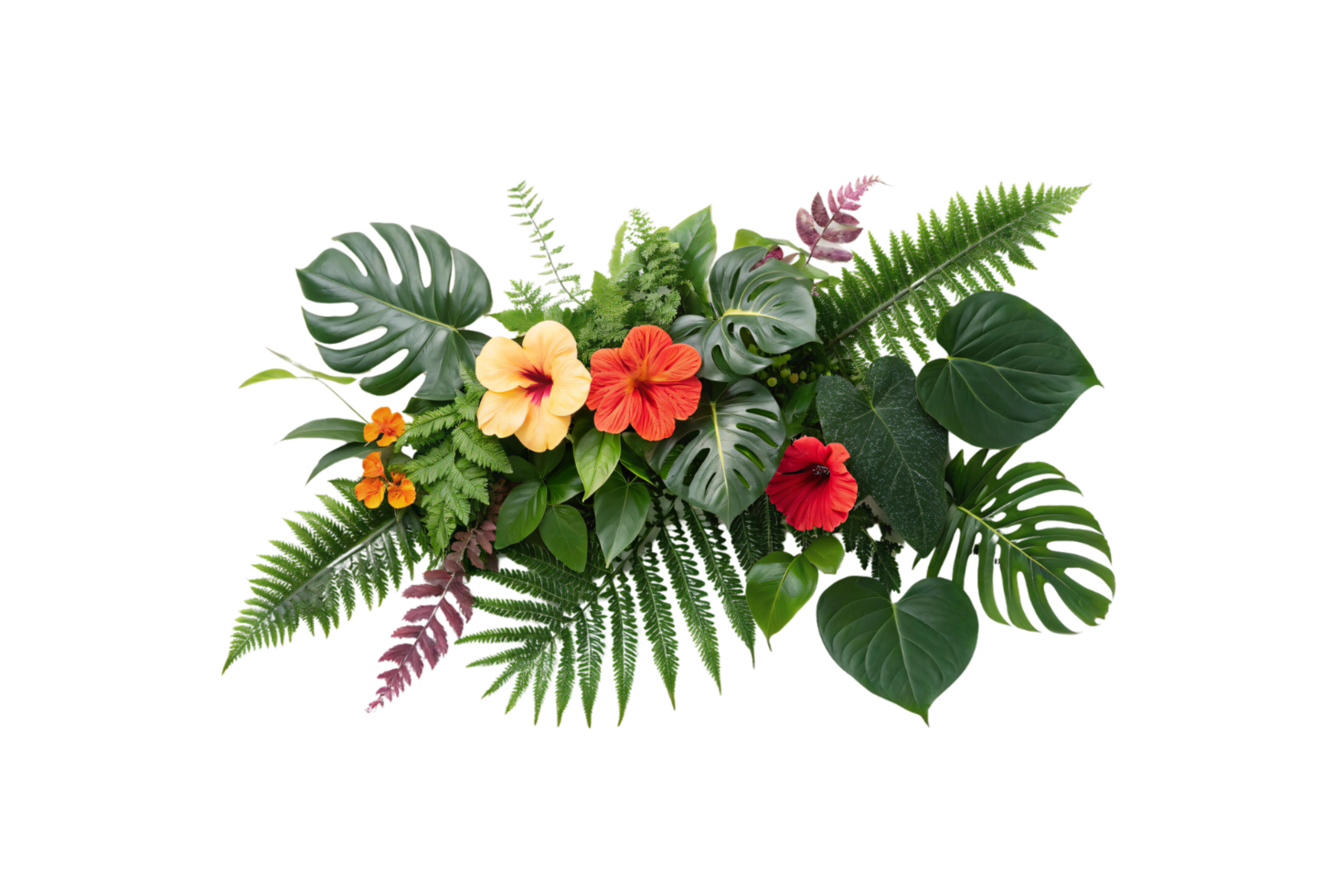 Bright hibiscus flowers in shades of yellow and red surrounded by lush green ferns and monstera leaves, embodying exotic charm png