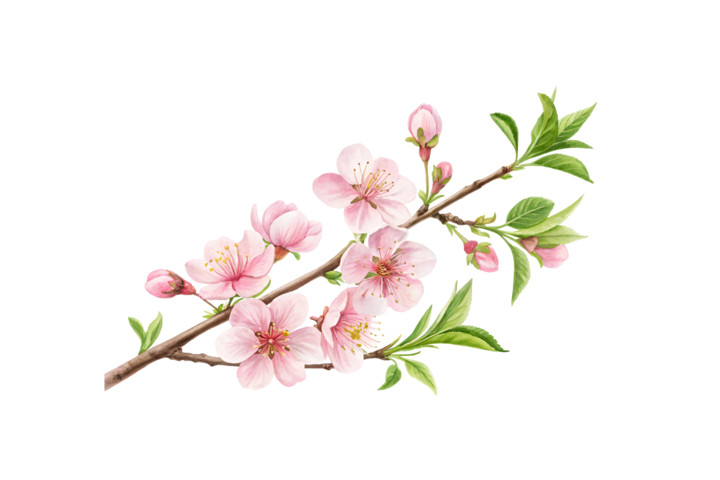 A delicate cherry blossom branch adorned with soft pink flowers and vibrant green leaves, evoking beauty, renewal, and the essence of spring png