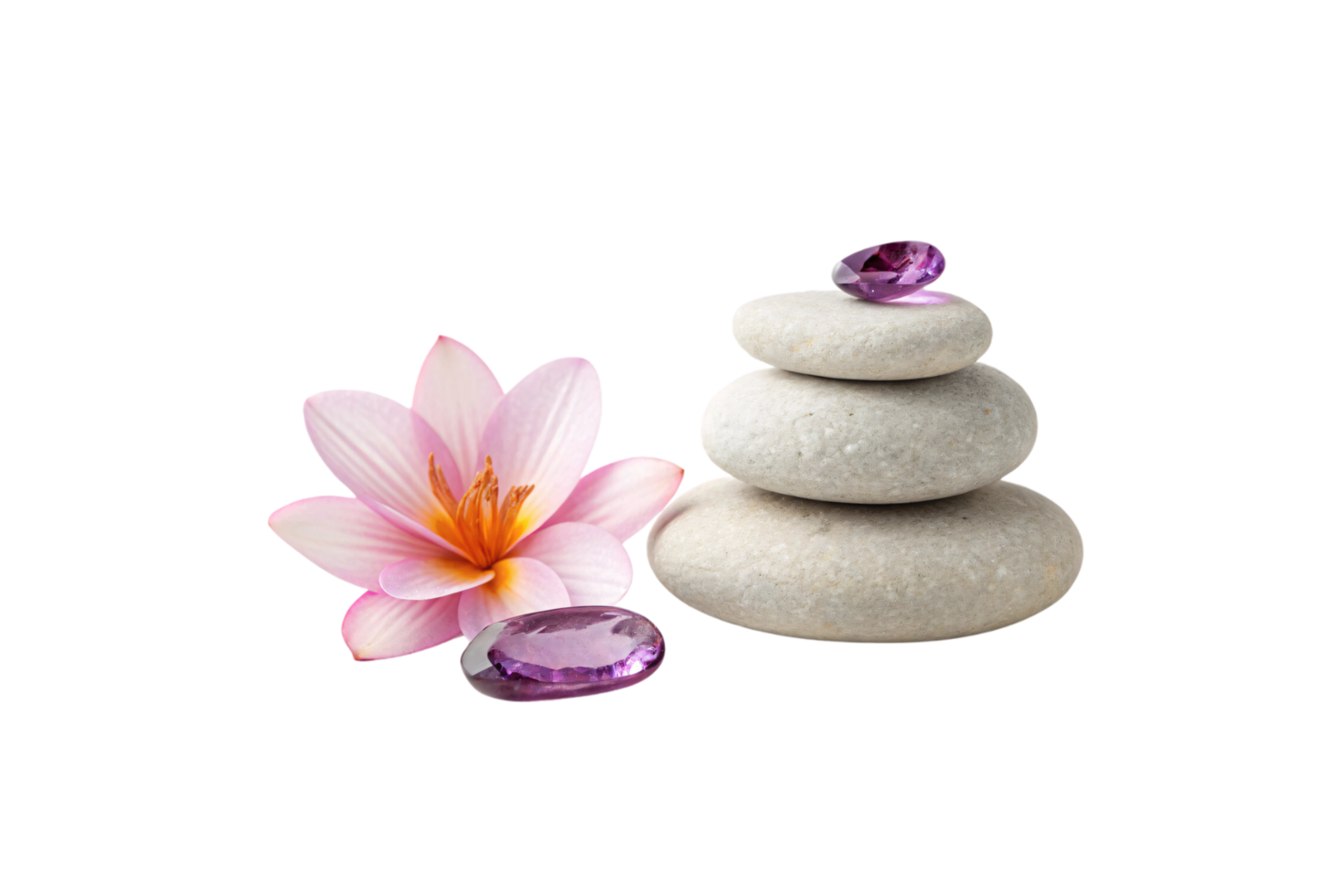 A serene composition of three stacked smooth white stones, a pink lotus flower, and two sparkling amethyst gems, symbolizing peace and harmony png